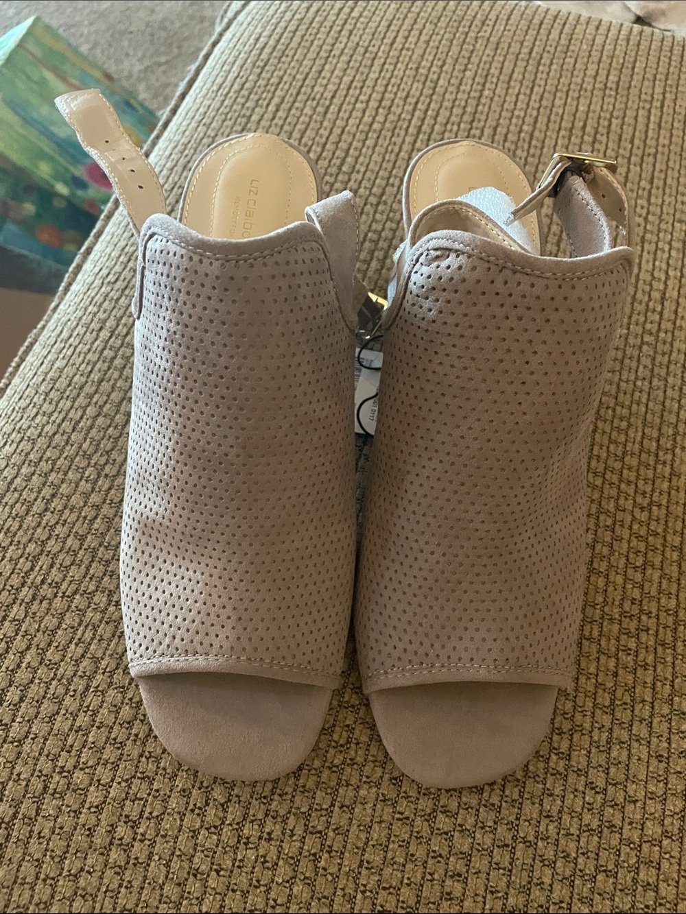 Liz Claiborne Perforated Open-Toe Slingback Mules in Taupe